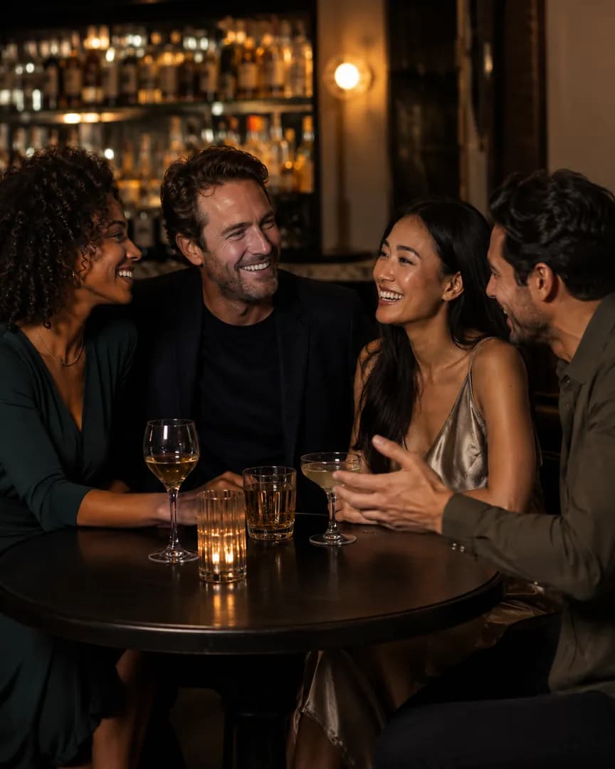 Four friends chatting together at a warmly lit bar