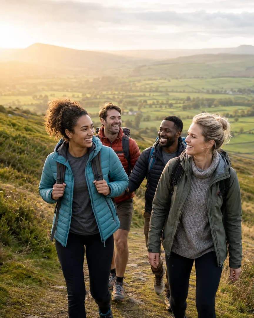 Four adults hiking together through green hills