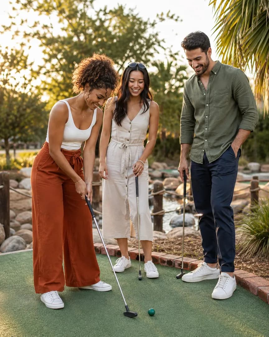 Three adults laughing over a game of mini golf