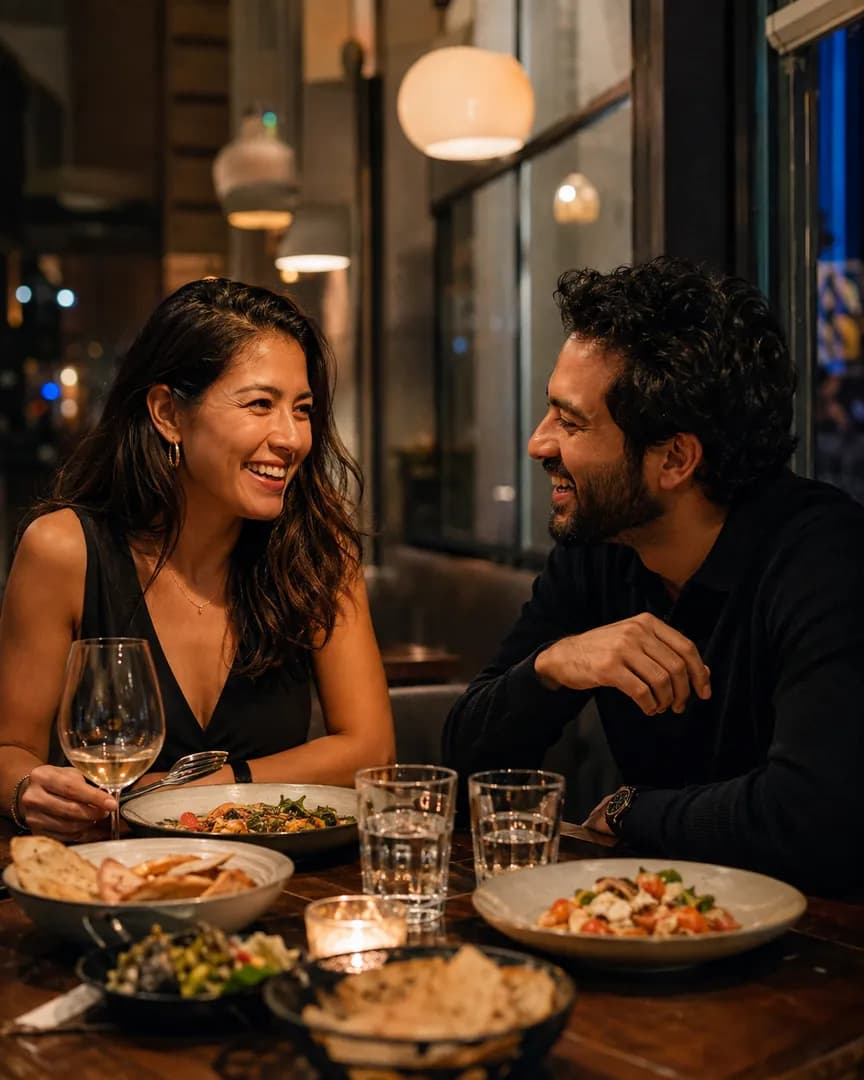 A woman and a man enjoying dinner together