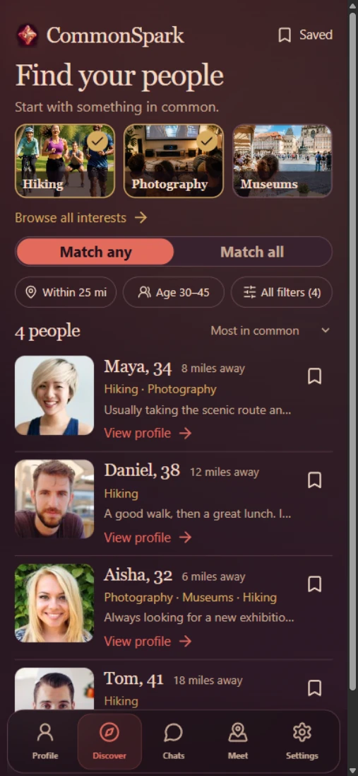 CommonSpark Discover on mobile: sample profiles filtered by hiking, photography and museums, with shared interests shown for each person.