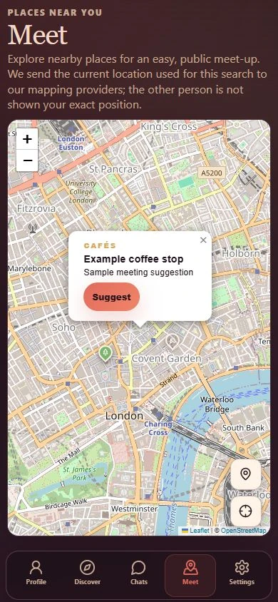 CommonSpark Meet on mobile: a map with activity pins and an example coffee stop that can be suggested in a conversation.