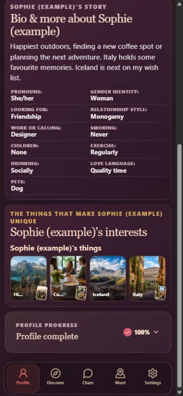 CommonSpark on mobile: a sample bio, interests in hiking and coffee, travel destinations and photo memories attached to individual interests.